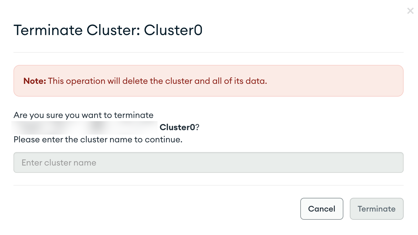 Dialog prompting confirmation to terminate Cluster0