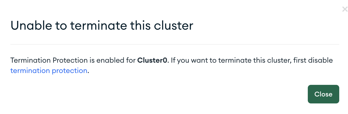 Dialog saying "Unable to terminate this cluster"