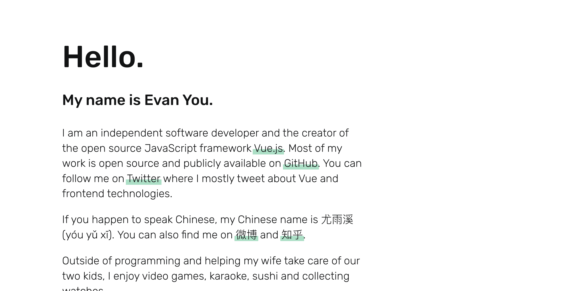 A screenshot of Evan You's website