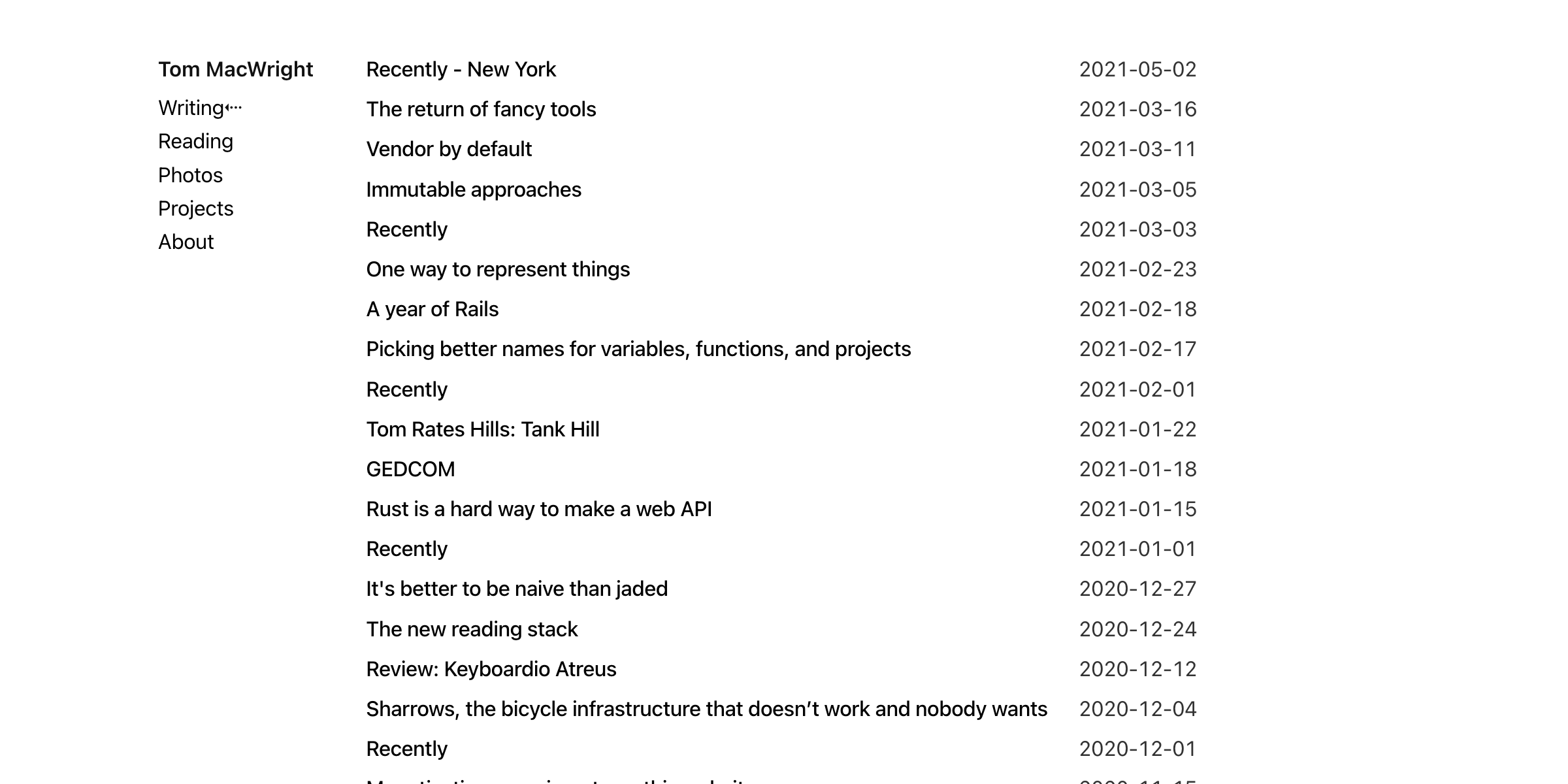 A screenshot of Tom MacWright's website