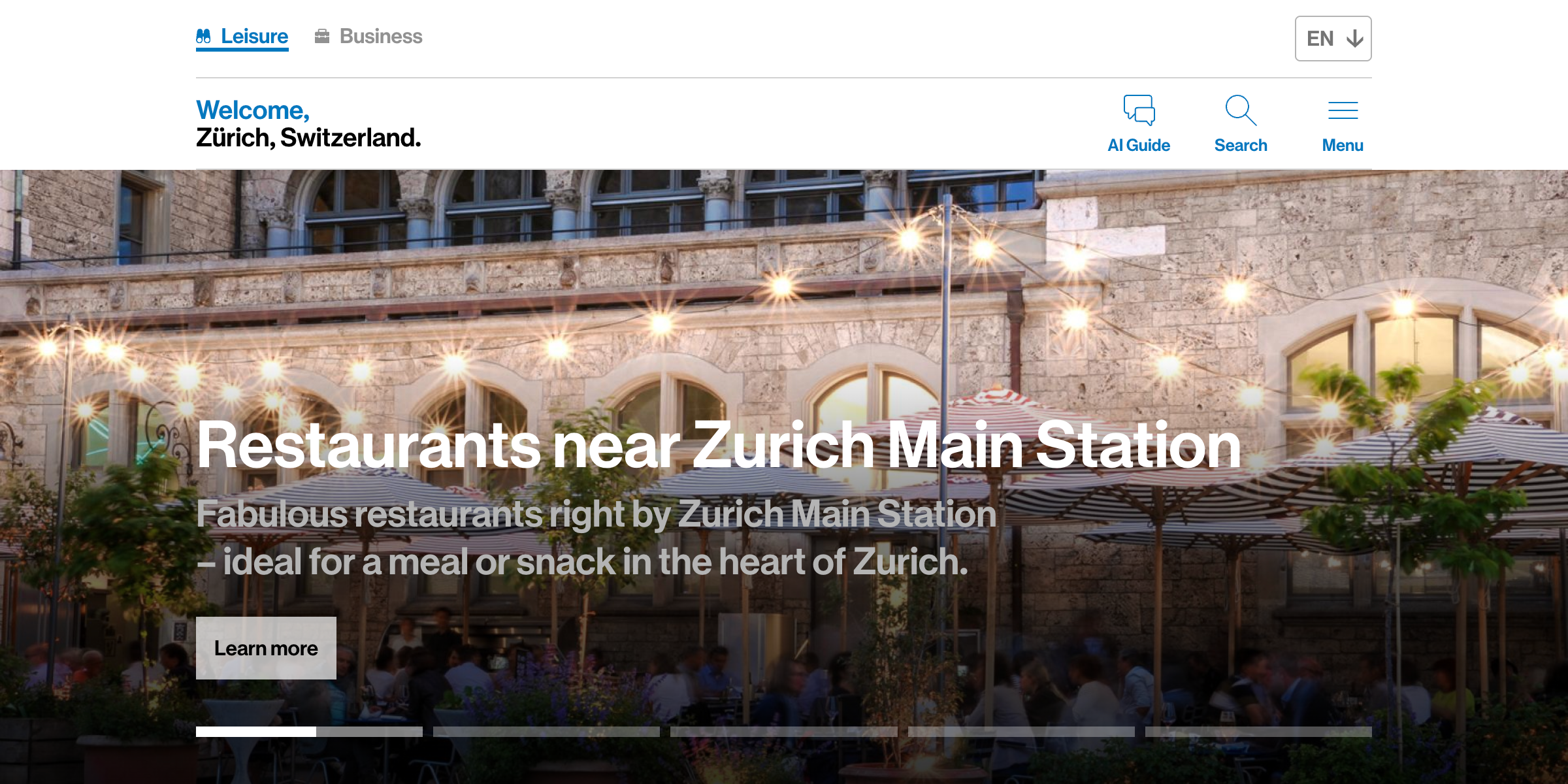 A screenshot of Zürich Tourism's website